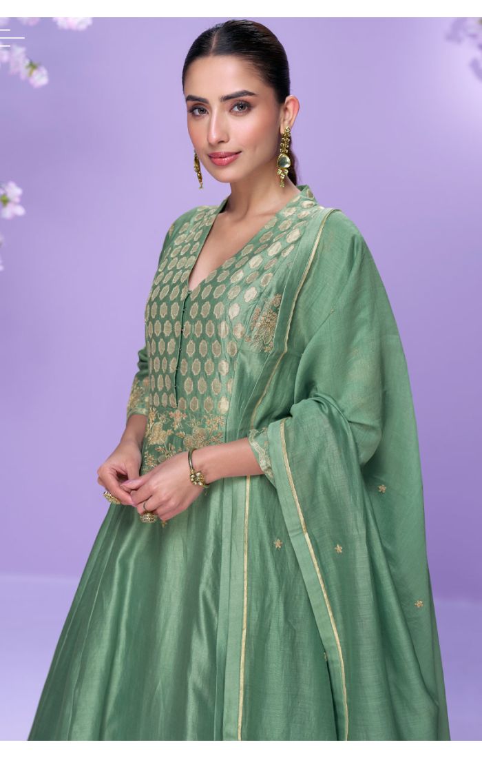 Soft Silk Green Anarkali Suit with palazzo and dupatta