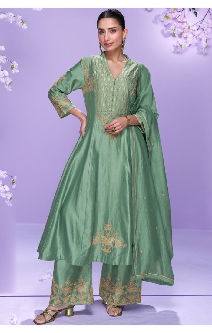 Soft Silk Green Anarkali Suit with V-neck and golden embroidery