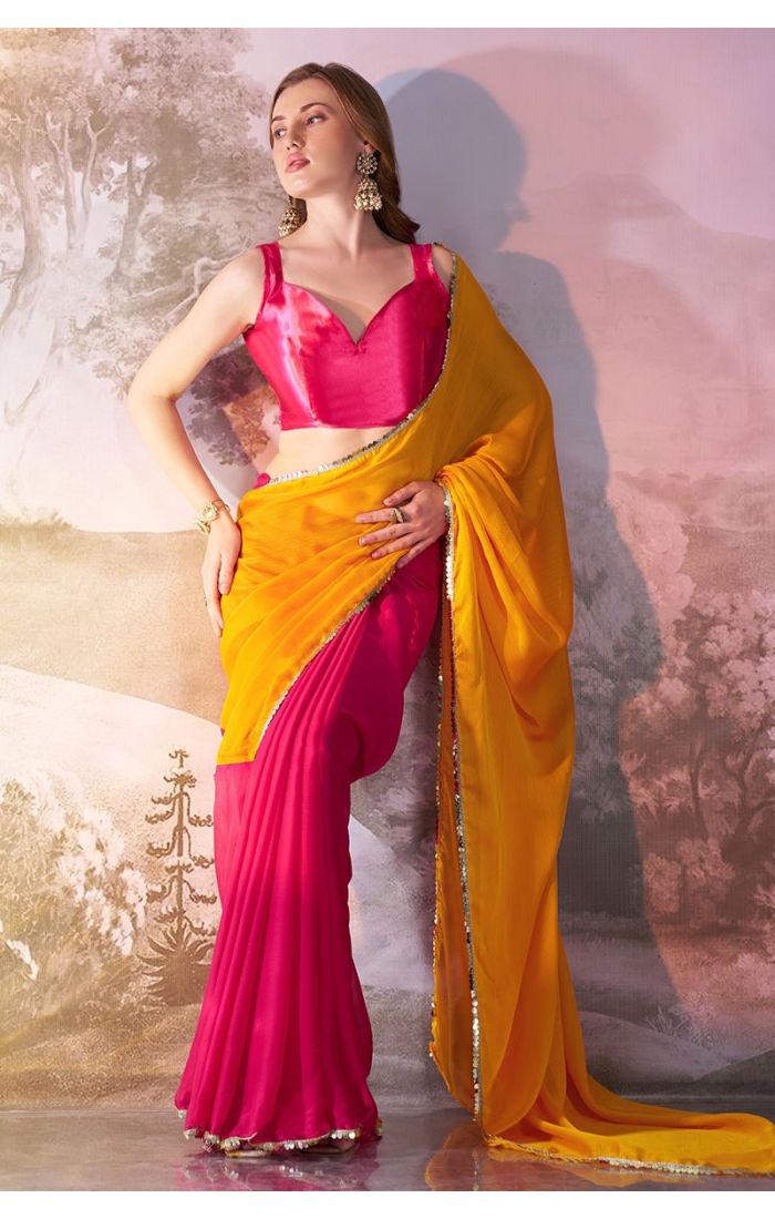 Elegant Yellow Chiffon Saree with Pink Satin Blouse – Wedding & Festive Designer Wear