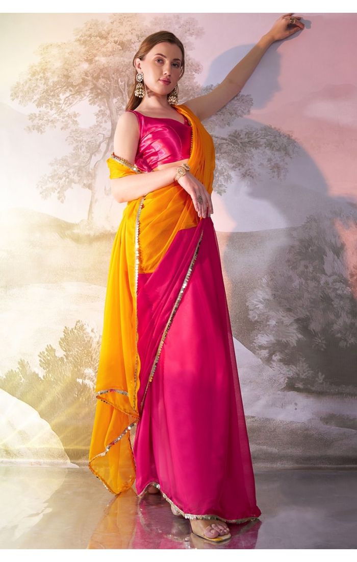 Elegant Yellow Chiffon Saree with Pink Satin Blouse – Wedding & Festive Designer Wear