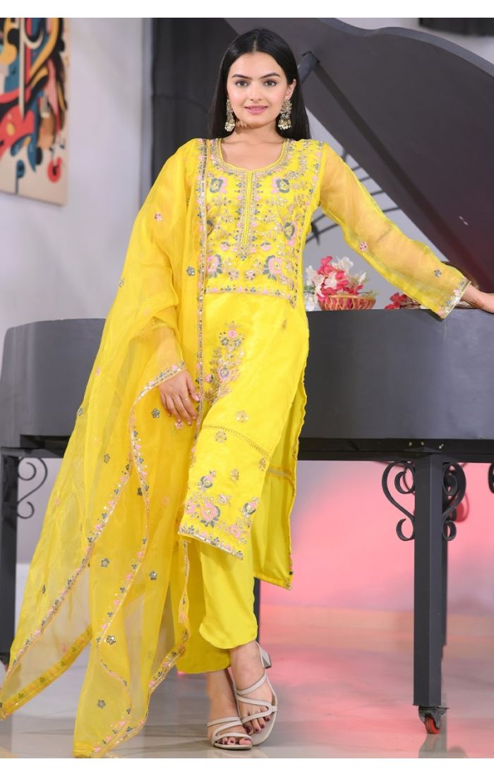 Sunshine Yellow Handcrafted Chikankari Salwar Kameez with Embroidered Dupatta - Wedding & Festive Wear