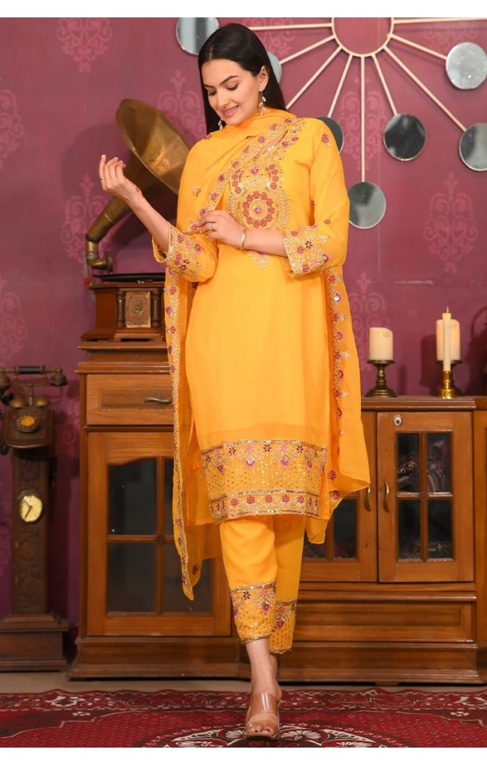 Elegant Sunshine Yellow Chiffon Kurta Pant Suit with Embroidery & Dupatta – Perfect for weddings & festive occasions.