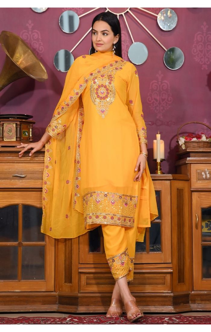 Elegant Sunshine Yellow Chiffon Kurta Pant Suit with Embroidery & Dupatta – Perfect for weddings & festive occasions.