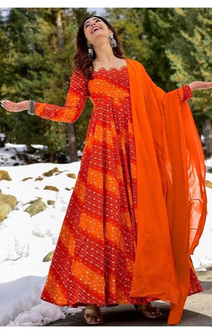 Tangerine Bliss Bandhani Anarkali Set - Traditional Ethnic Wear