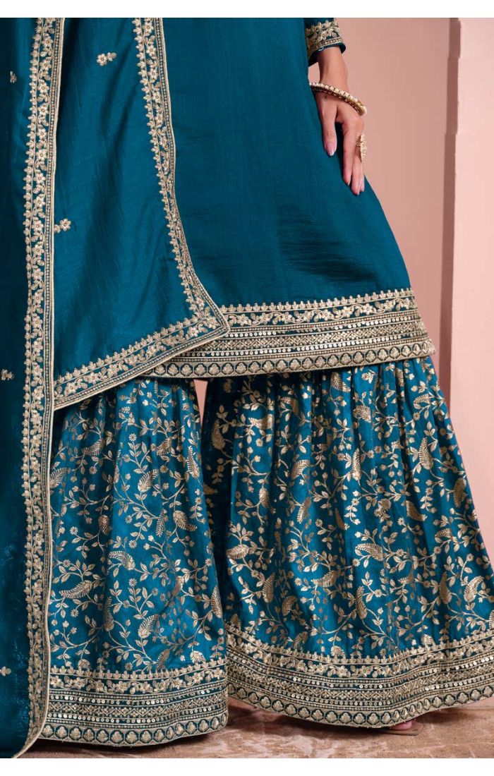 Teal Blue Cotton Silk Embroidered Sharara Suit with Dupatta – Perfect for Weddings & Festive Wear