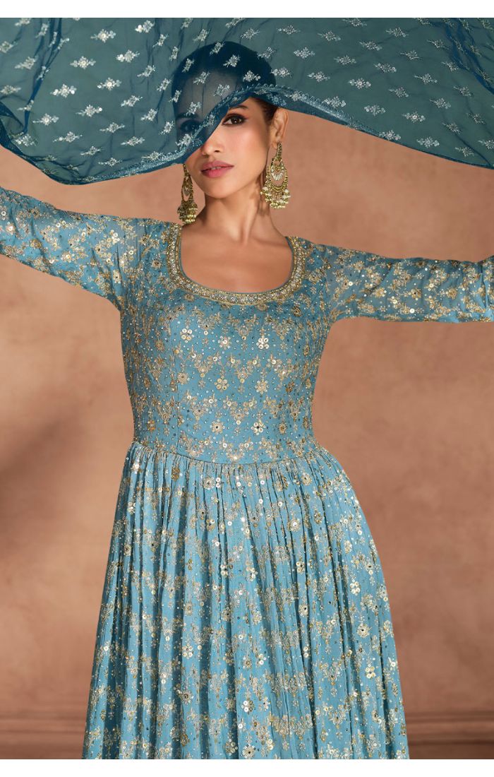 Buy Georgette Teal Blue Anarkali Salwar Suit with Net Dupatta online - Appelle Fashion | SALV5717