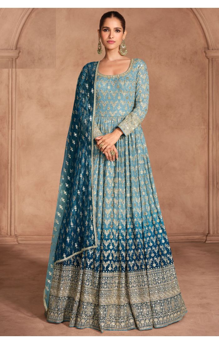 Buy Georgette Teal Blue Anarkali Salwar Suit with Net Dupatta online - Appelle Fashion | SALV5717
