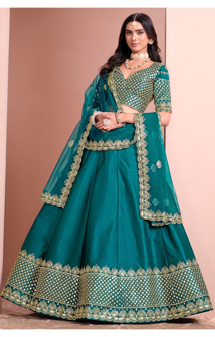 Teal green premium silk satin lehenga choli with zari and sequin embroidery, styled with organza dupatta — Appelle Fashion