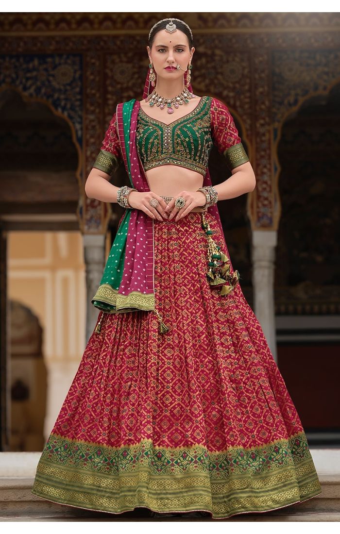 Dark Pink Banarasi Silk Lehenga Choli with Zari Embroidery & Green Dupatta for Bridal & Festive Wear