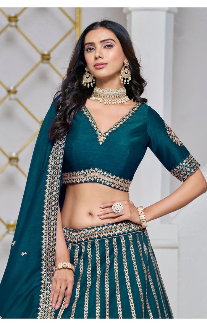 Teal Green Zari Embroidered Lehenga Choli with Net Dupatta - Perfect for Weddings and Festive Events