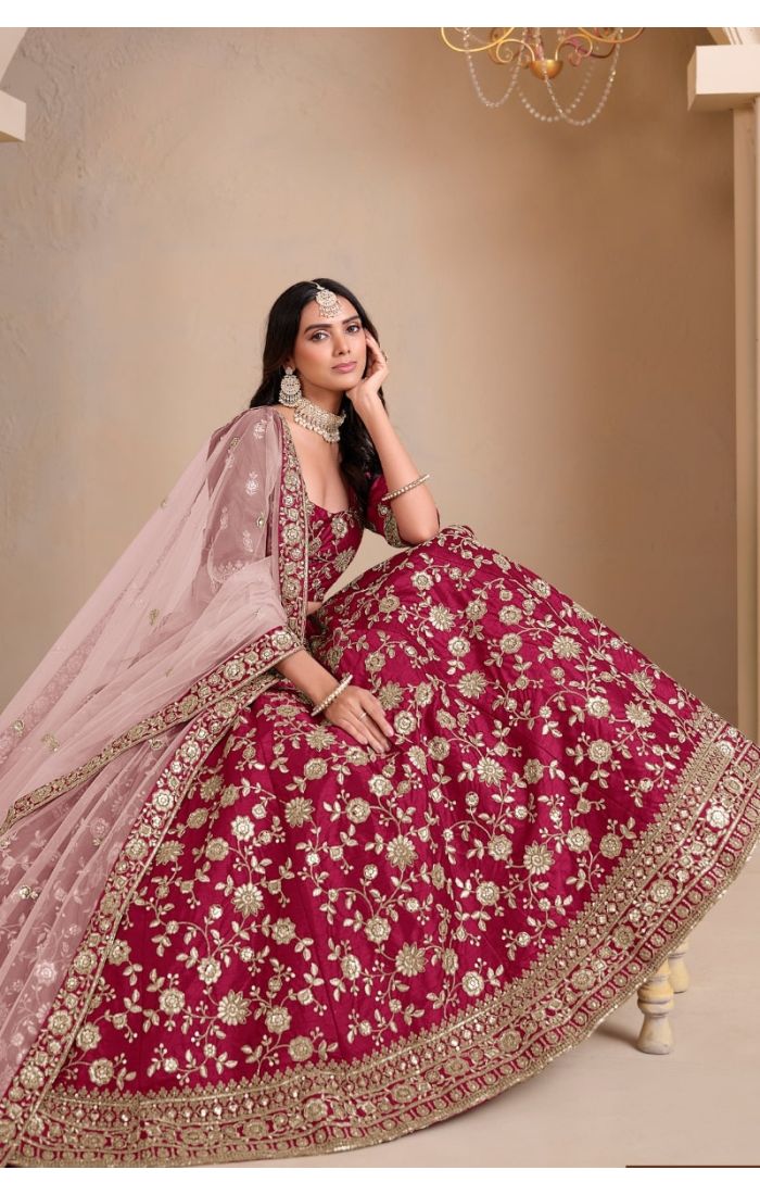 Ruby Royale Embroidered Lehenga Set with zari embroidery, resham threadwork, and soft net dupatta, luxurious Indian bridal and festive wear for women