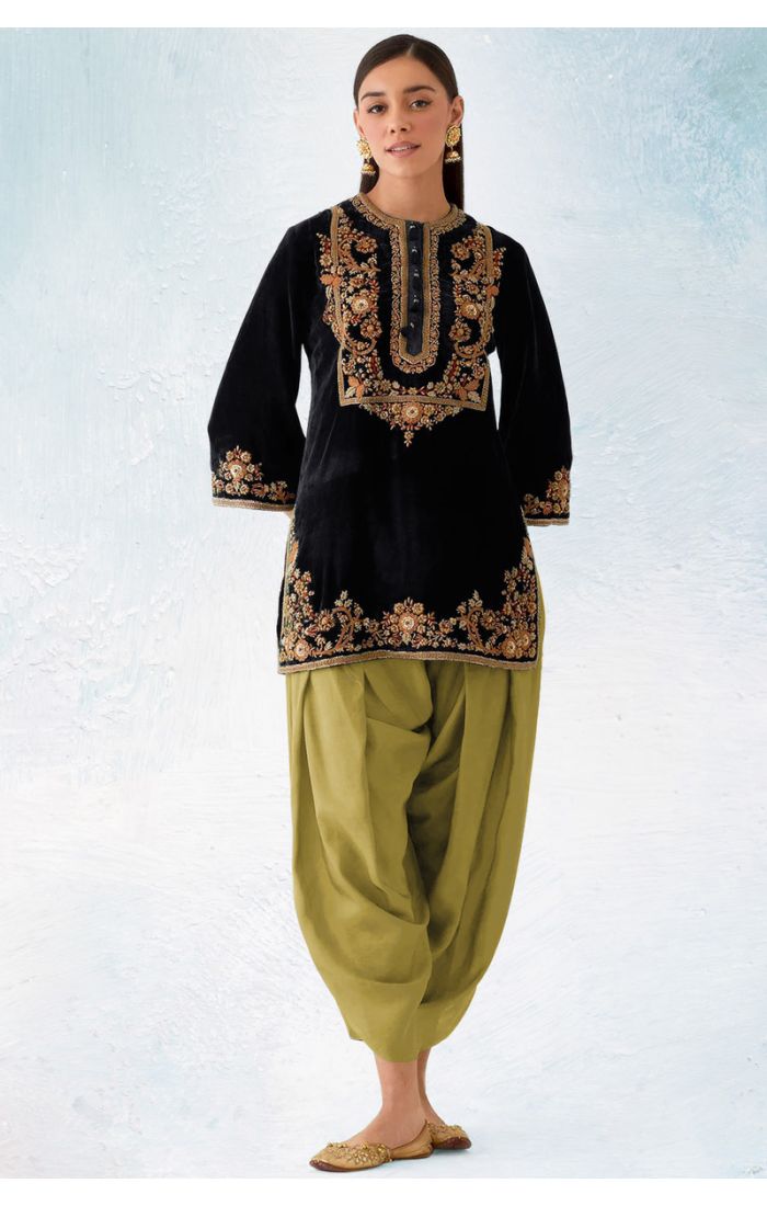 Velvet Black Embroidered Patiala Suit with Olive Green Patiala and 3/4 Sleeves – SALV5793