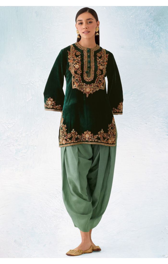 Velvet Green Embroidered Patiala Suit with 3/4 Sleeves and Round Neck – SALV5790