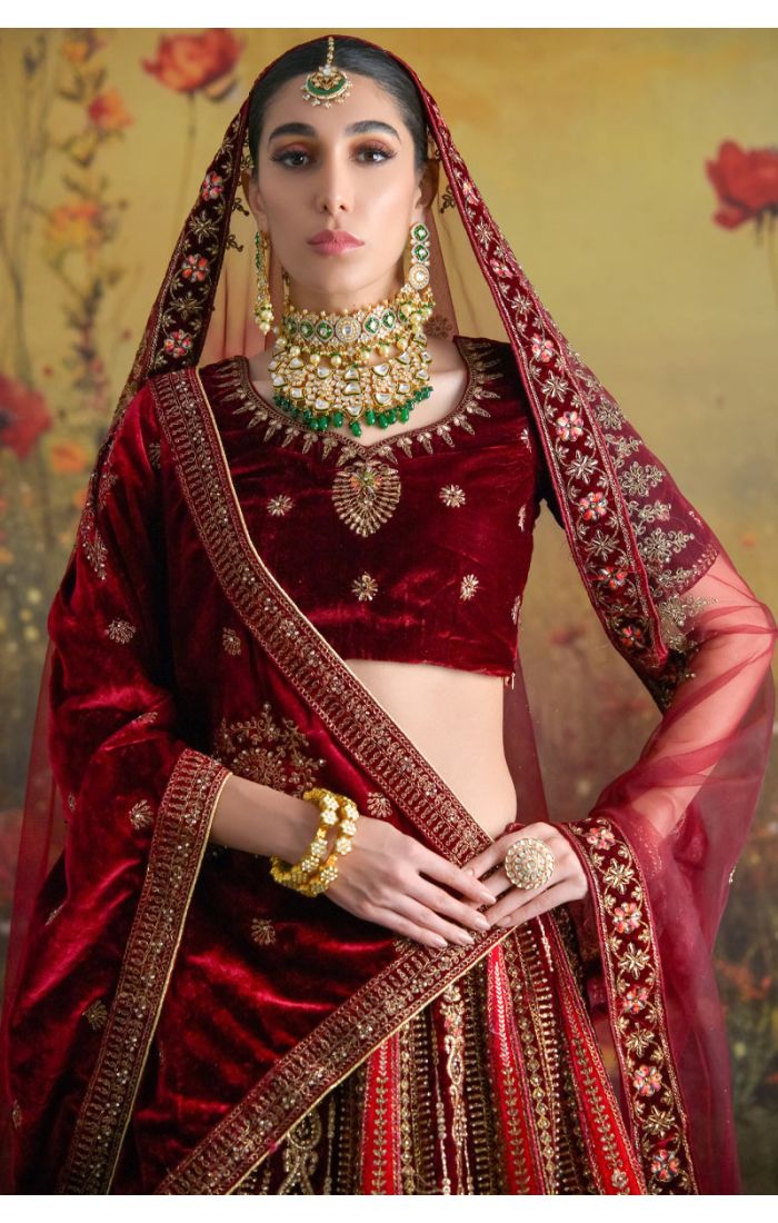 Maroon Velvet Bridal Lehenga Choli with Zari Embroidery & Net Dupatta – Indian Wedding Outfit