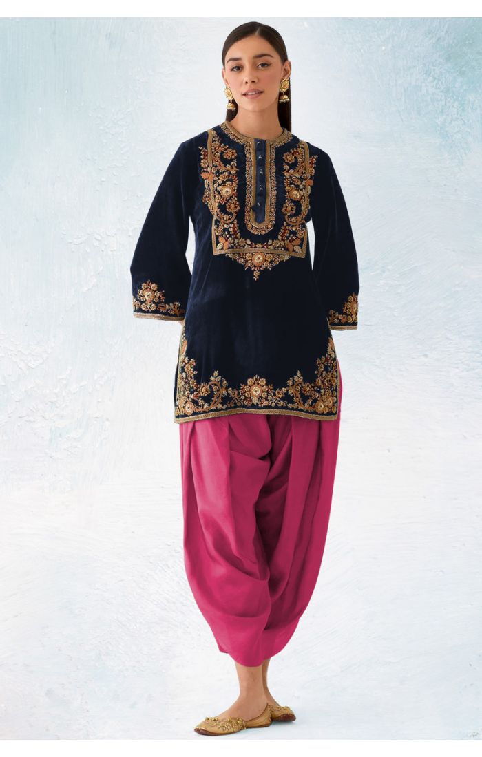 Velvet Navy Blue Embroidered Patiala Suit with Magenta Patiala and 3/4 Sleeves – SALV5791