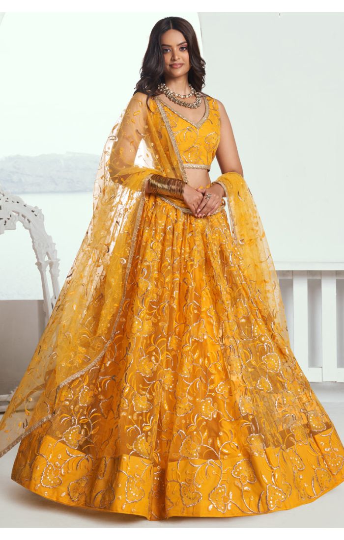 Shop Vibrant Yellow Floral Embroidered Lehenga Set for Weddings in Canada and USA Online 