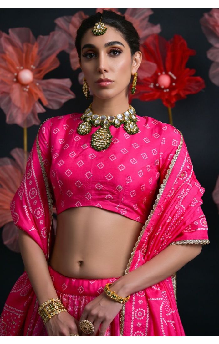 Buy Viscose Russian Silk Rani Pink Zardosi Embroidered Lehenga Choli with Dupatta online - Appelle Fashion | LEHV4032