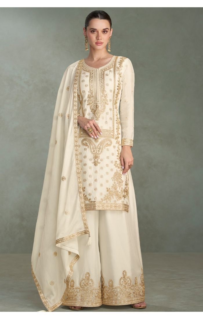 White Premium Chinon Silk Salwar Kameez with Zari Embroidery – Front View