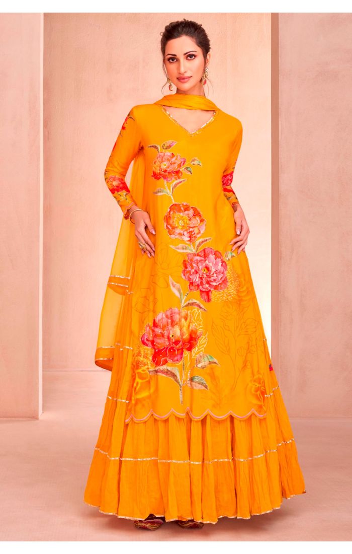 Yellow Floral Embroidered Anarkali Suit for Women