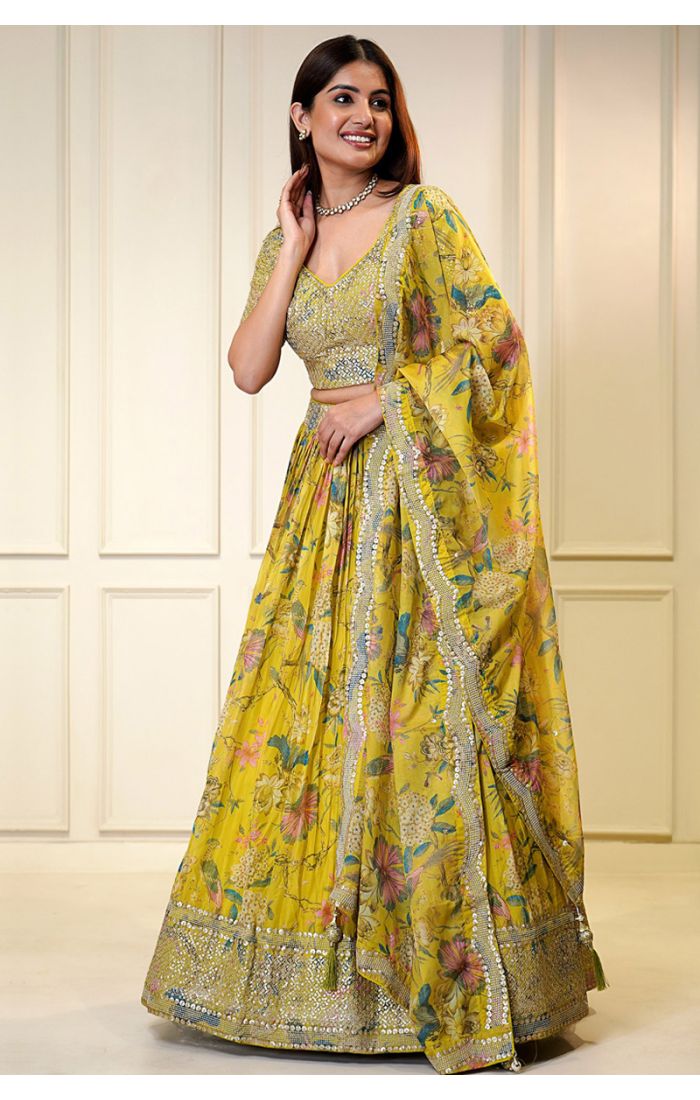 Yellow Floral Lehenga with Mirror Work for Haldi Ceremony 