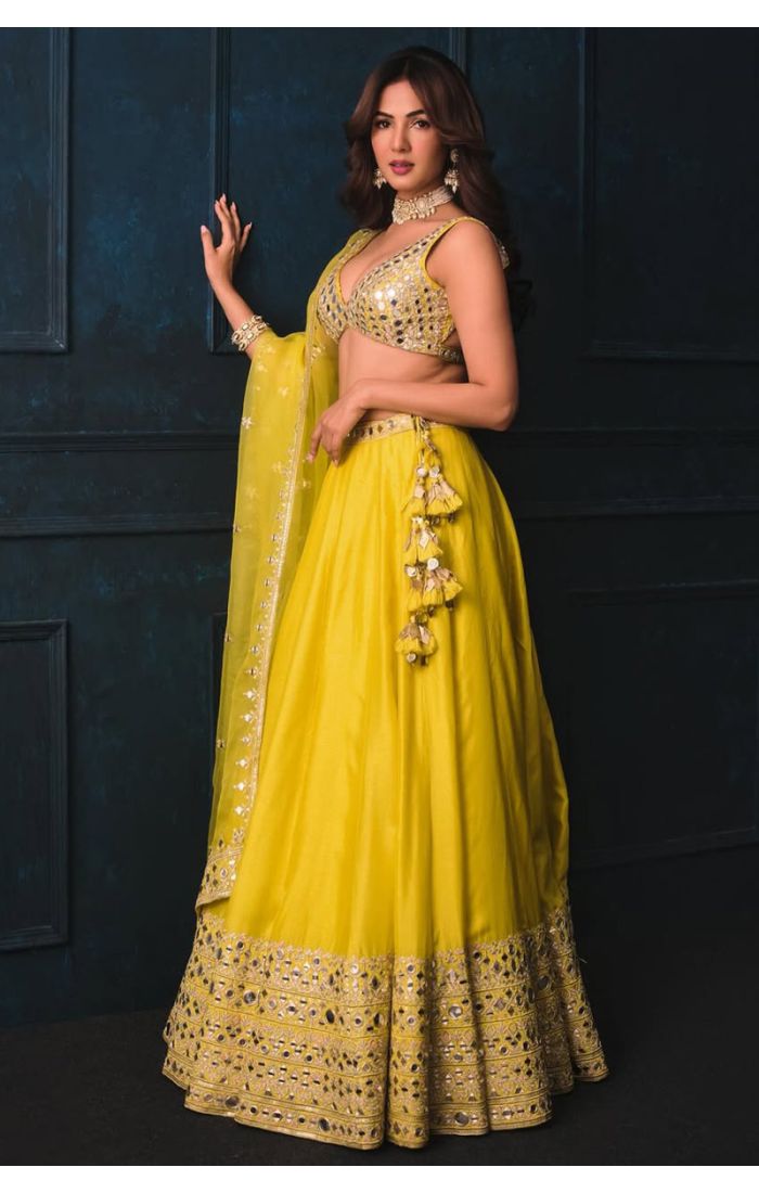 Yellow georgette mirror work party wear lehenga choli with deep V neckline, mirror embroidered blouse and dupatta – Appelle Fashion