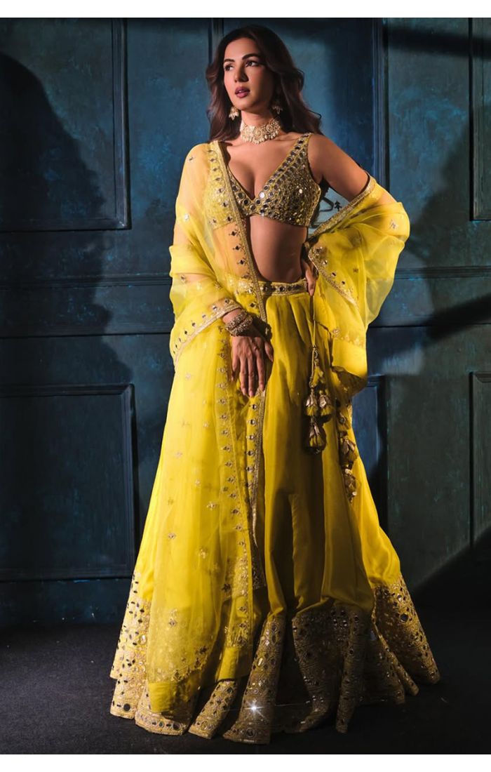 Yellow georgette mirror work party wear lehenga choli with deep V neckline, mirror embroidered blouse and dupatta – Appelle Fashion