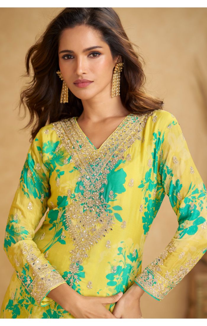 Yellow Green Floral Silk Palazzo Suit with Embroidery, Long Sleeves, and V-Neckline – SALV5788