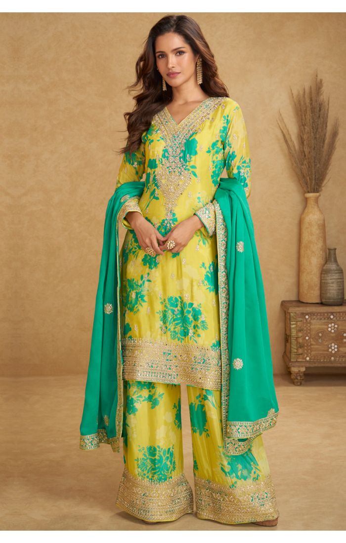 Yellow Green Floral Silk Palazzo Suit with Embroidery, Long Sleeves, and V-Neckline – SALV5788