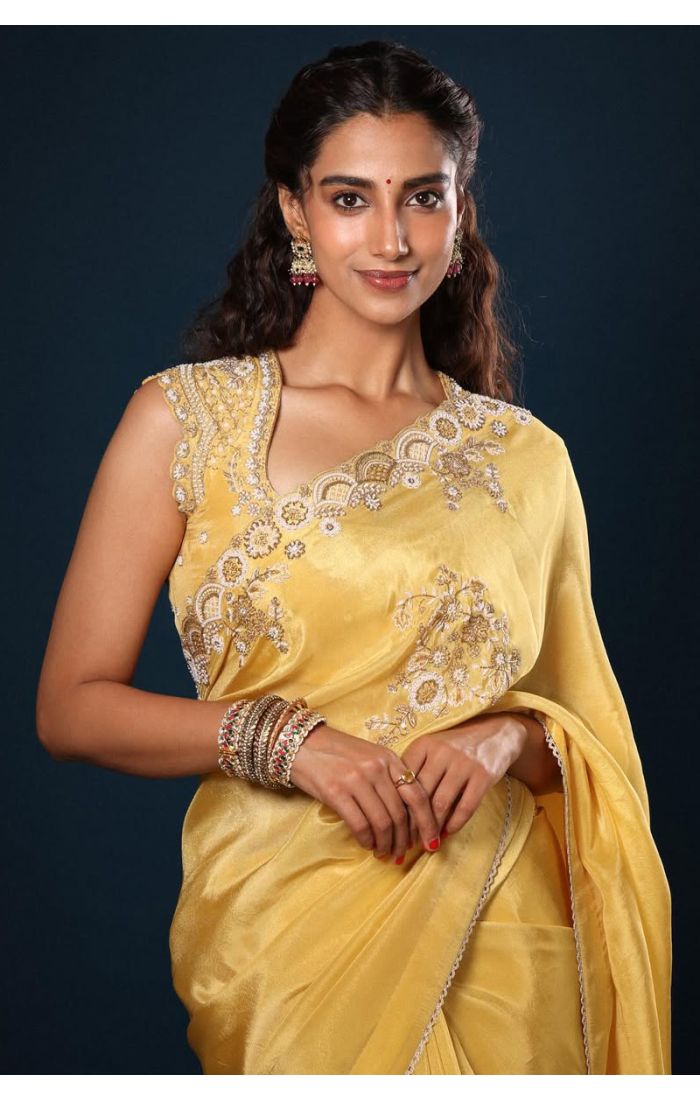 Close View - Yellow silk saree with hand embroidery for haldi ceremony – SREA2297
