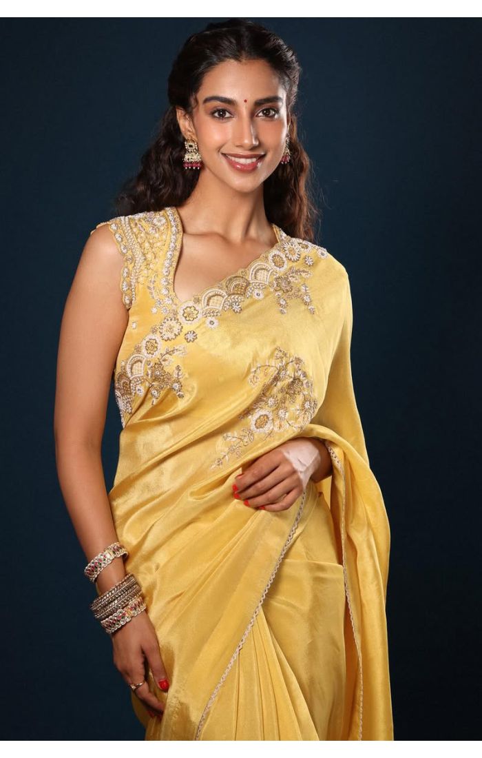 Close View - Yellow silk saree with hand embroidery for haldi ceremony – SREA2297