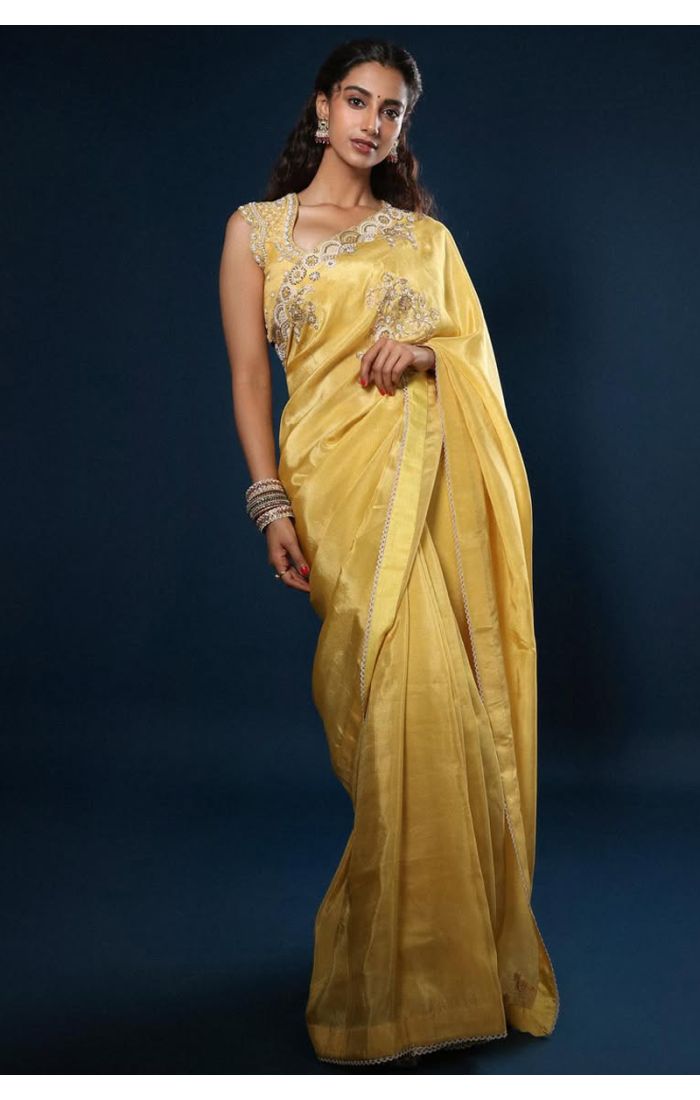 Yellow silk saree with hand embroidery for haldi ceremony – SREA2297