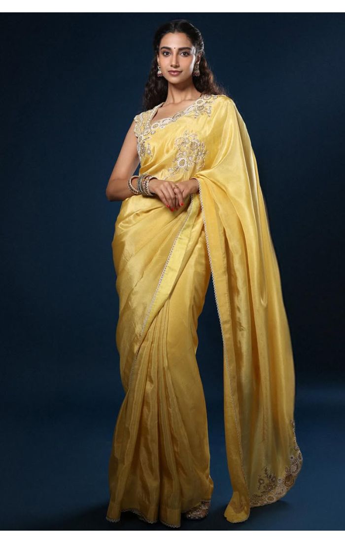 Yellow silk saree with hand embroidery for haldi ceremony – SREA2297