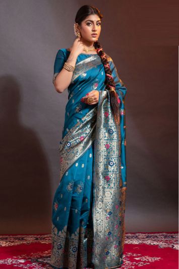 Banarasi Silk Blend Fabric Saree in Ocean Blue Color