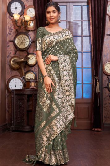 Banarasi Silk Fabric Woven Saree in Green Color