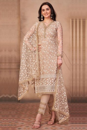 Beige Color Butterfly Net Fabric Straight Pant Suit