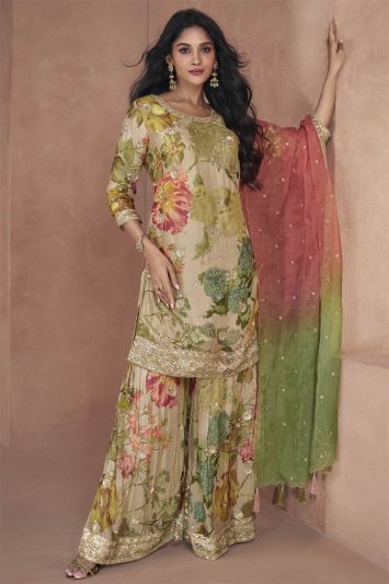 Beige Georgette Fabric Floral Print Sharara Suit