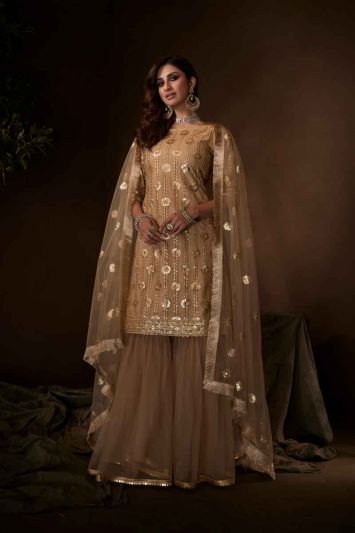 Beige Net Heavy Designer Sharara Suit With Jari Embroidery And Sequence Work