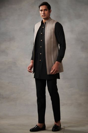 Black Color Cotton Fabric Kurta Pajama with Jacket