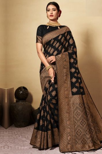 Black Designer Diwali Wear Chanderi Cotton Saree