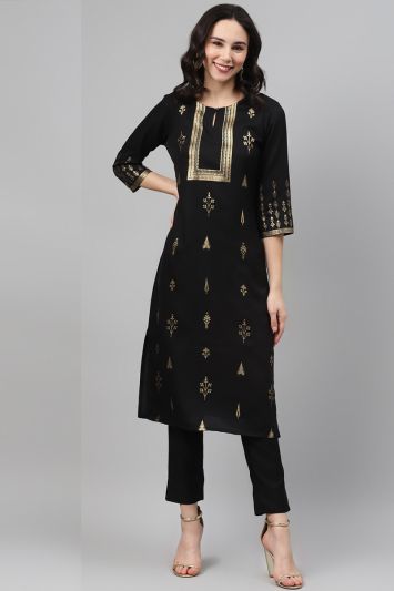 Black Designer Diwali Wear Rayon Churidar Salwar Suit