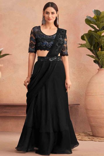 Black Fancy Silk Stylish Lehenga Saree