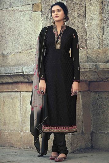 Black Faux Georgette Eid Designer Churidar Suit