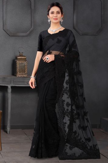 Black Net Fabric Partywear Saree
