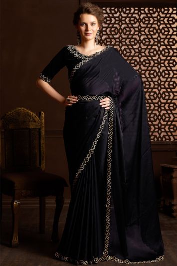 Black Satin Silk Festive Wear Saree