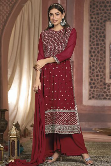 Blooming Georgette Fabric Festive Wear Palazzo Suit in Maroon Color