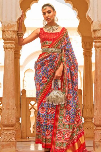 Blue and Red Color Tussar Silk Fabric Party Wear Saree