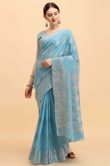 Blue Banarasi Cotton Saree With Wevon Silver Jari