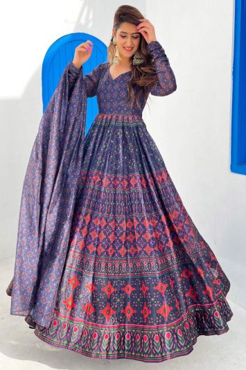 Blue Chanderi Wedding Wear Stylish Gown