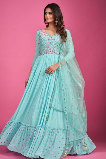 Blue Color Chinon Silk Fabric Gown with Pearl Work