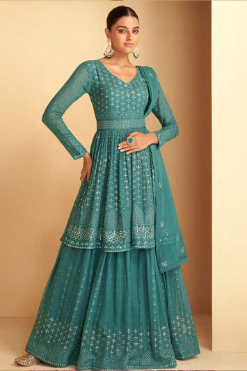 Blue Color Georgette Fabric Designer Sharara Suit For Eid
